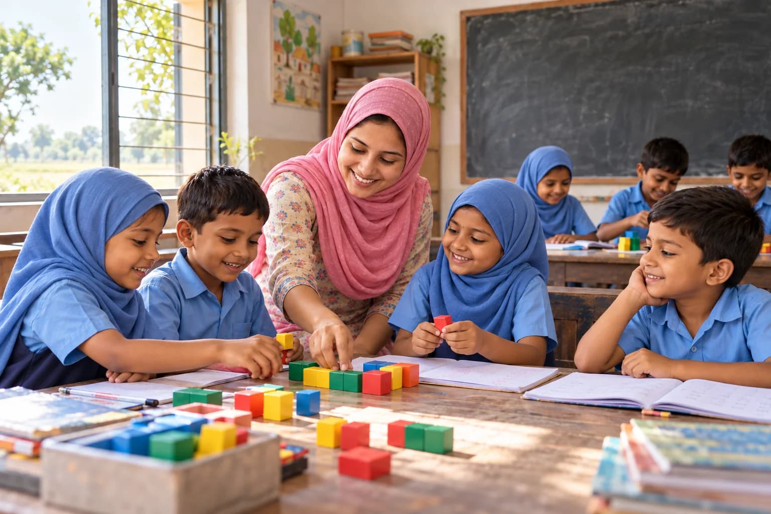 AI-generated illustration of Indian children learning with counting blocks, with girls and teacher in hijab