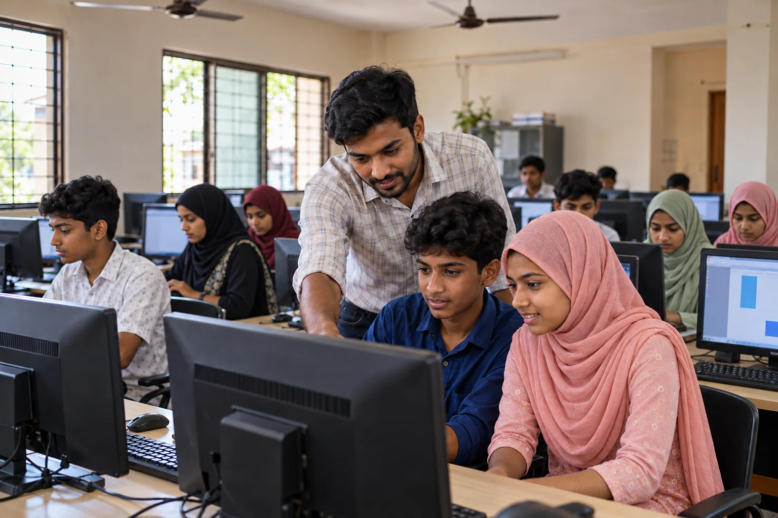 AI-generated illustration of Indian teenagers, with girls in hijab, learning computer skills with an instructor